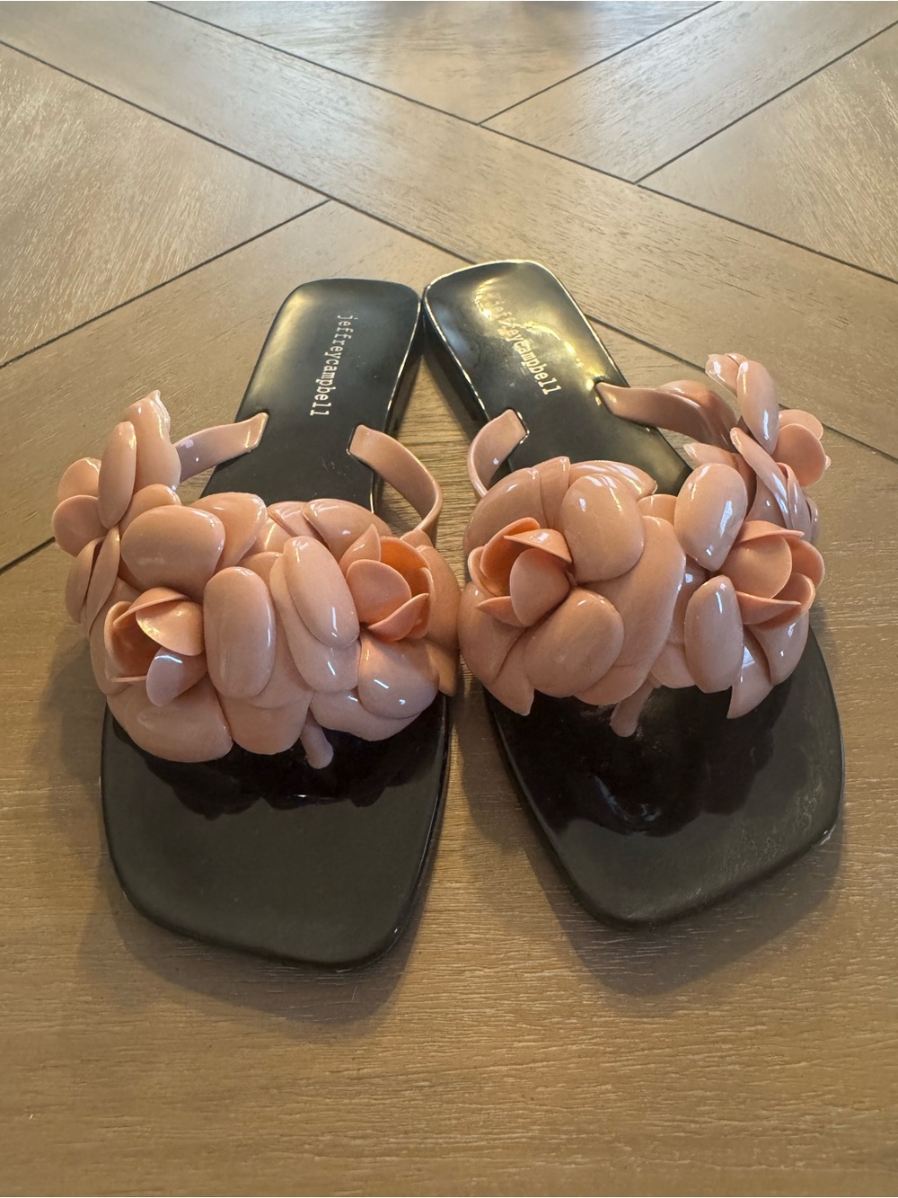 Jeffrey Campbell Black Slide Sandals with Blush Pink Flower Accents - Picture 4 of 13